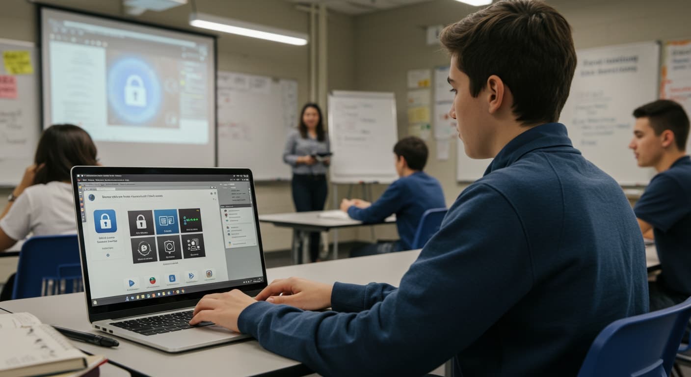 Students using cloud-based virtual desktops in a classroom setting, highlighting secure DaaS use in education.