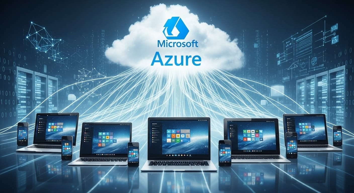 Microsoft Azure cloud connecting to multiple devices showing virtual desktops, highlighting the need for an Azure Virtual Desktop alternative.