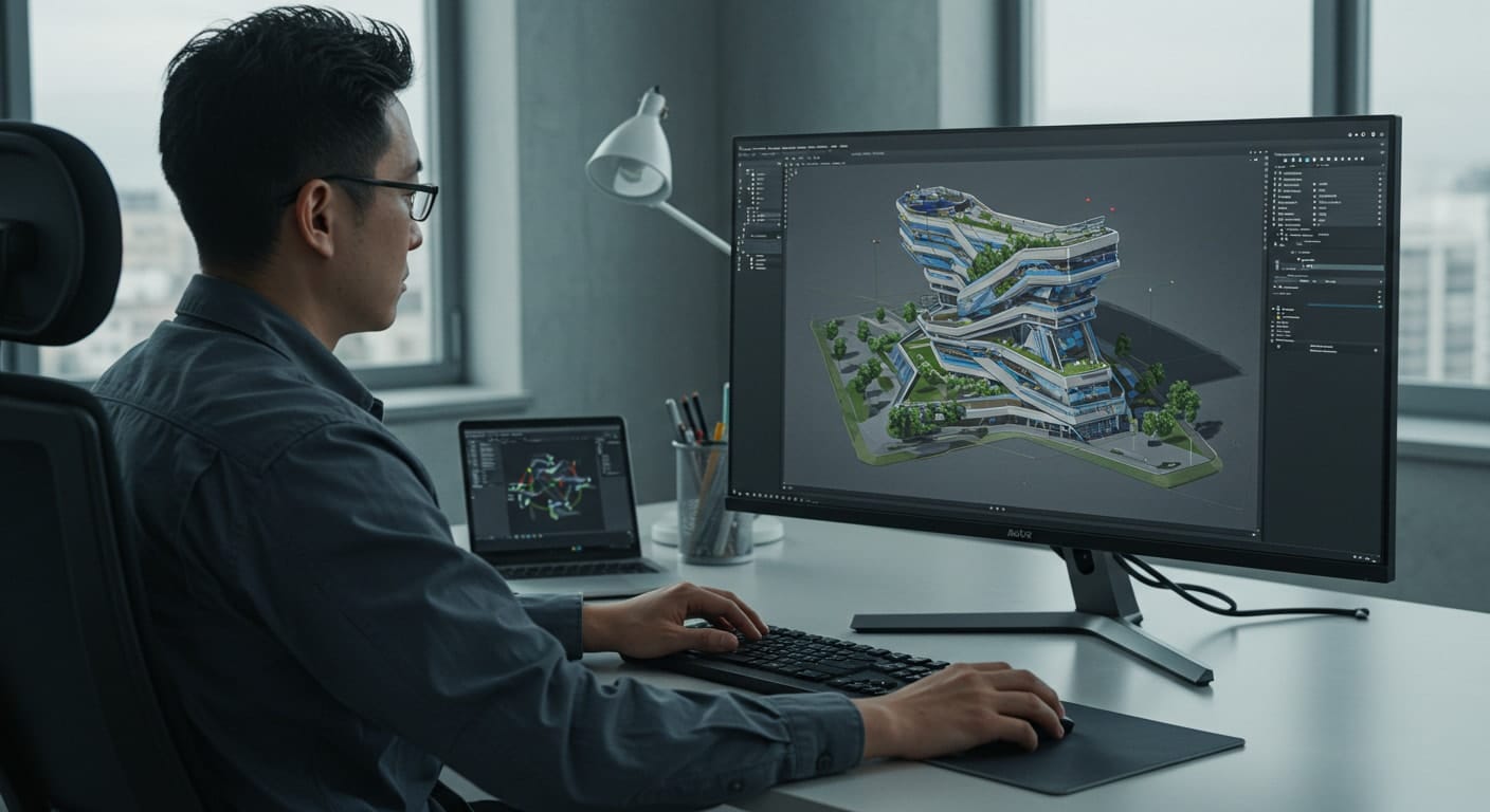 Architect designing a complex 3D model in AutoCAD, demonstrating the performance demands met by the best VDI solution for AutoCAD.