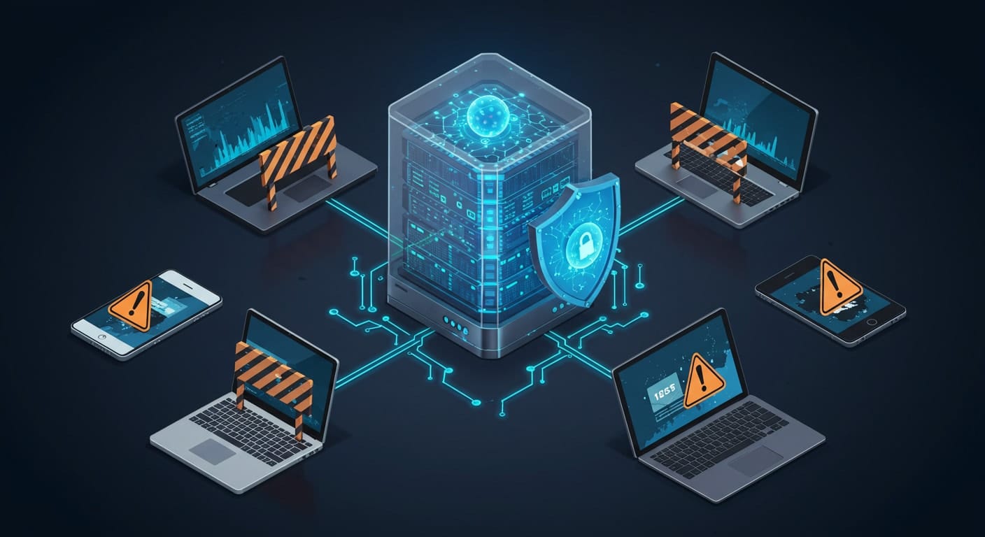 Conceptual illustration showcasing centralized security and minimized downtime, highlighting critical vdi benefits in protecting against cybersecurity threats