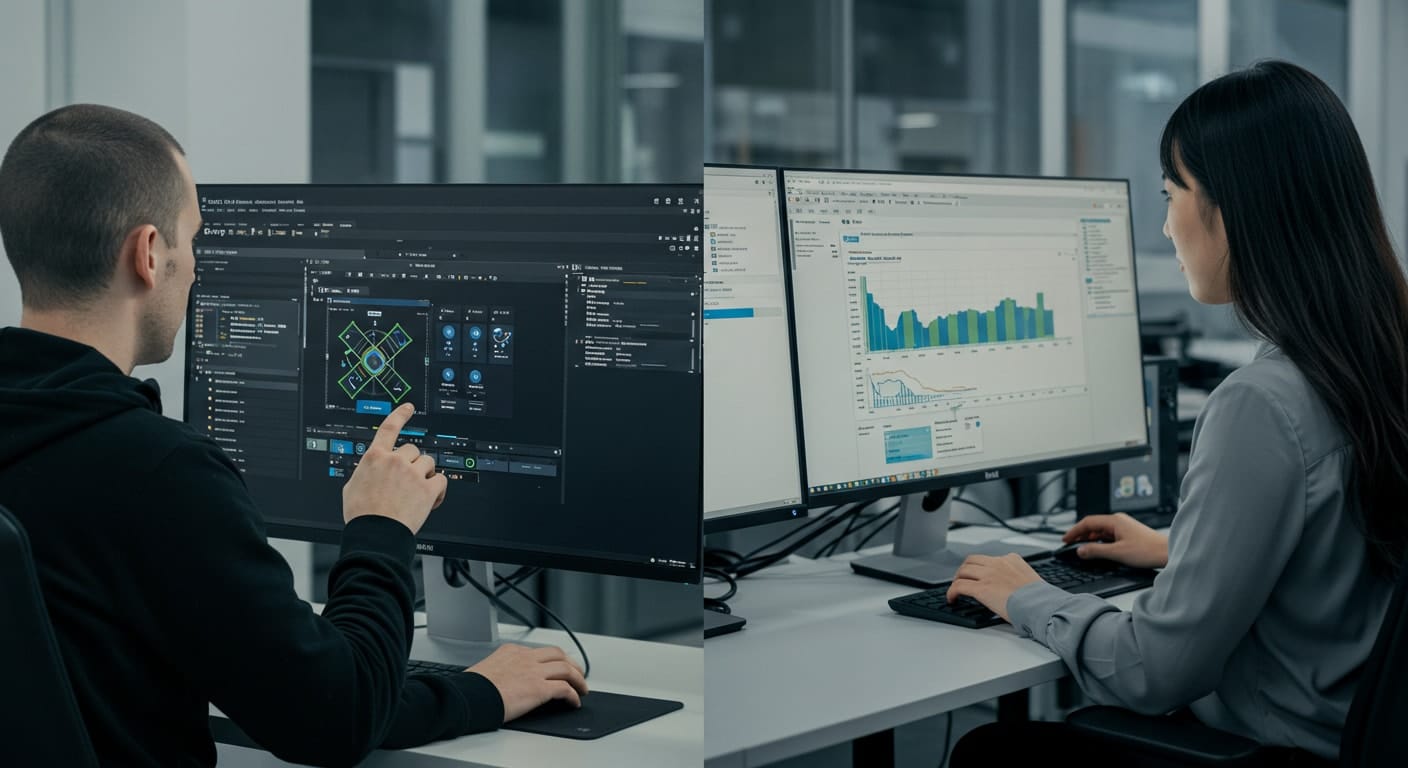IT professionals working with Proxmox and VMware dashboards side by side, illustrating Proxmox vs VMware feature comparison.