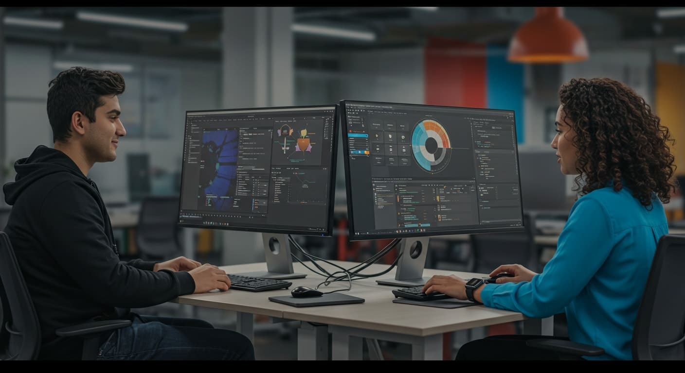 Two professionals collaborating on computer screens showing data analytics and productivity dashboards.