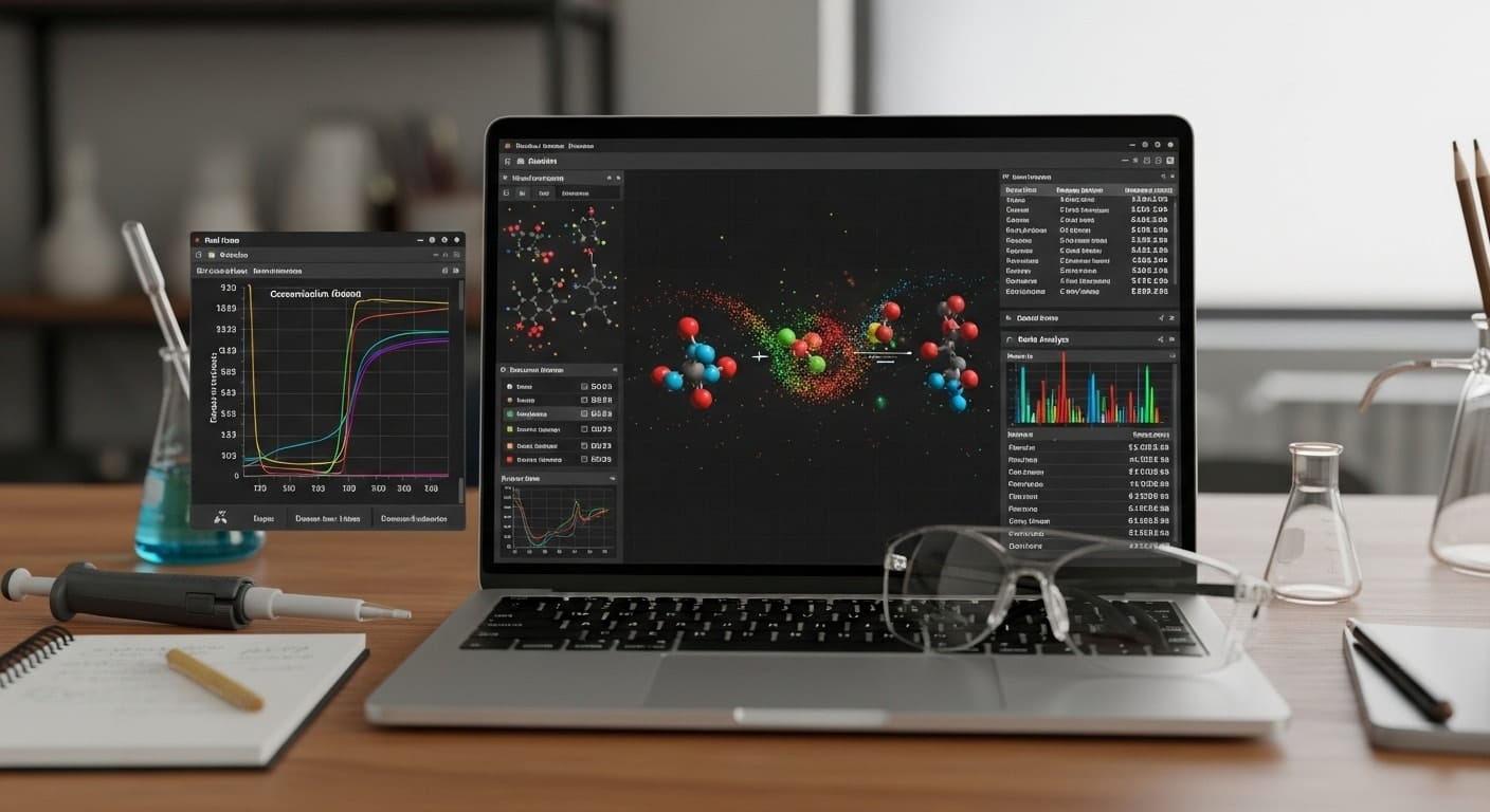 Laptop running virtual labs with molecule modeling, data visualization, and interactive scientific analysis tools.