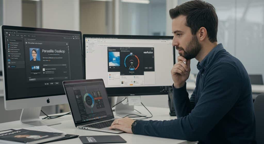Mac user testing Parallels Desktop vs VMware Fusion side by side on multiple monitors