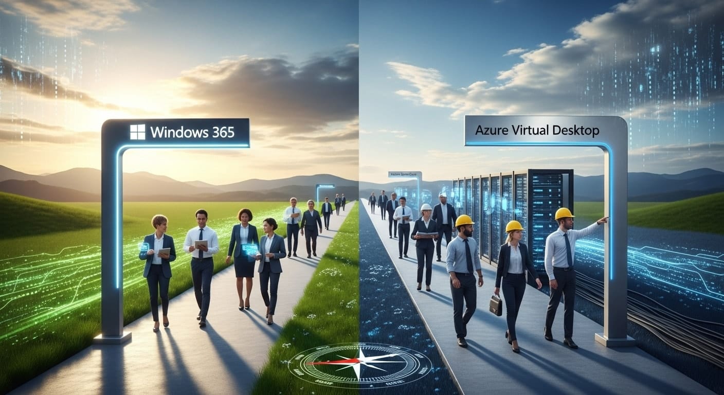 Side-by-side illustration comparing user experiences and workflows between Windows 365 and Azure Virtual Desktop environments.