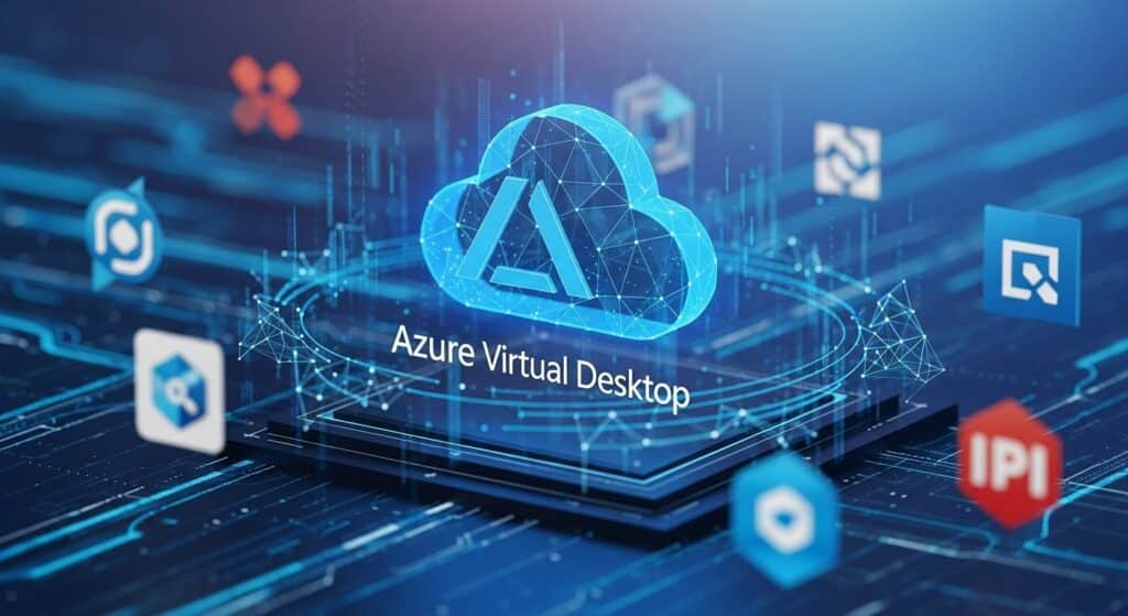 Digital illustration of Azure Virtual Desktop cloud infrastructure representing the search for an Azure Virtual Desktop alternative.
