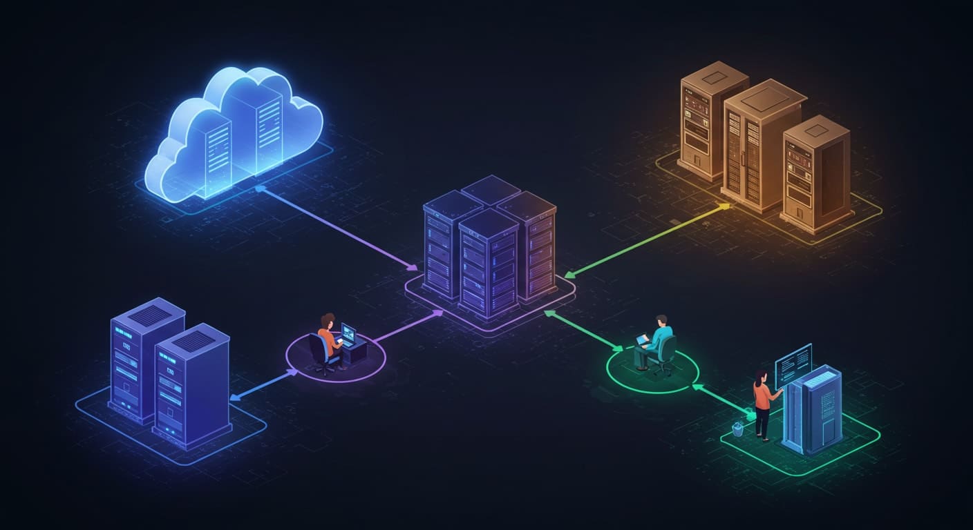 Visual representation of hybrid infrastructure setup, combining cloud and local servers in a Citrix desktop virtualization environment.