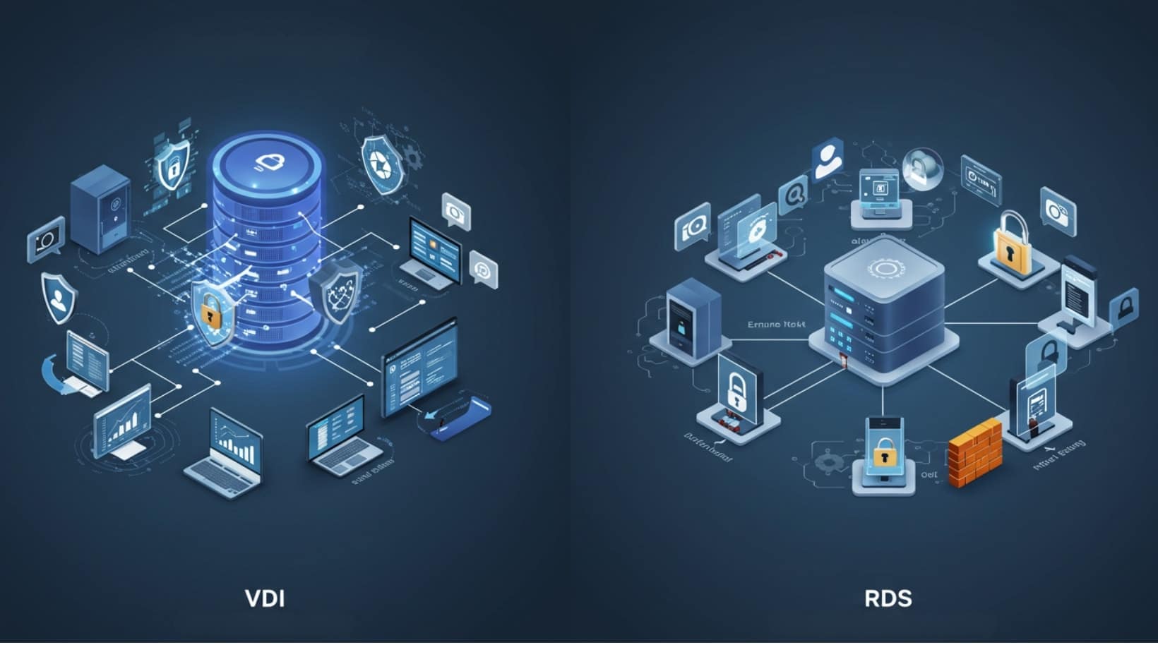 Visual comparison of VDI vs remote desktop, demonstrating differences in centralized management, security, and network architecture