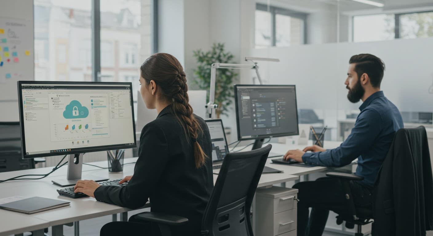 IT professionals managing secure cloud applications in an office setting, highlighting centralized control in Citrix vs VPN remote access strategies.