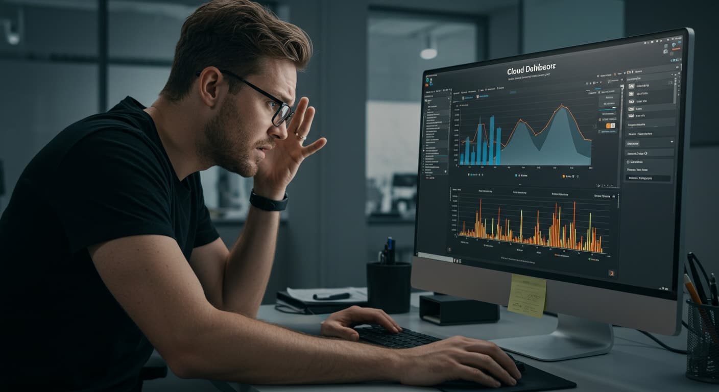 IT professional reviewing a cloud cost dashboard with concern, highlighting the complexity of VDI as a Service pricing and unexpected usage spikes.