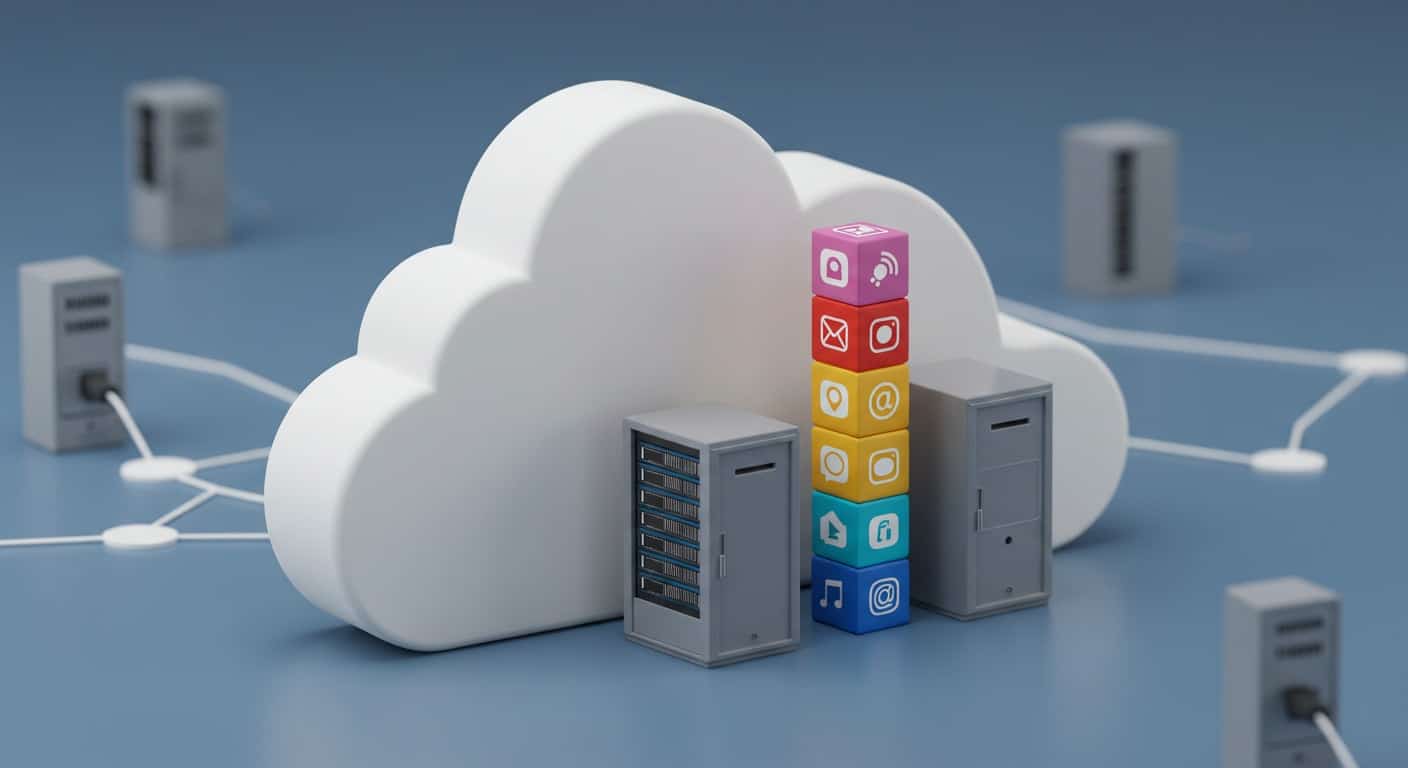 3D illustration of cloud computing infrastructure with SaaS application icons and data servers, representing DaaS vs SaaS architecture.