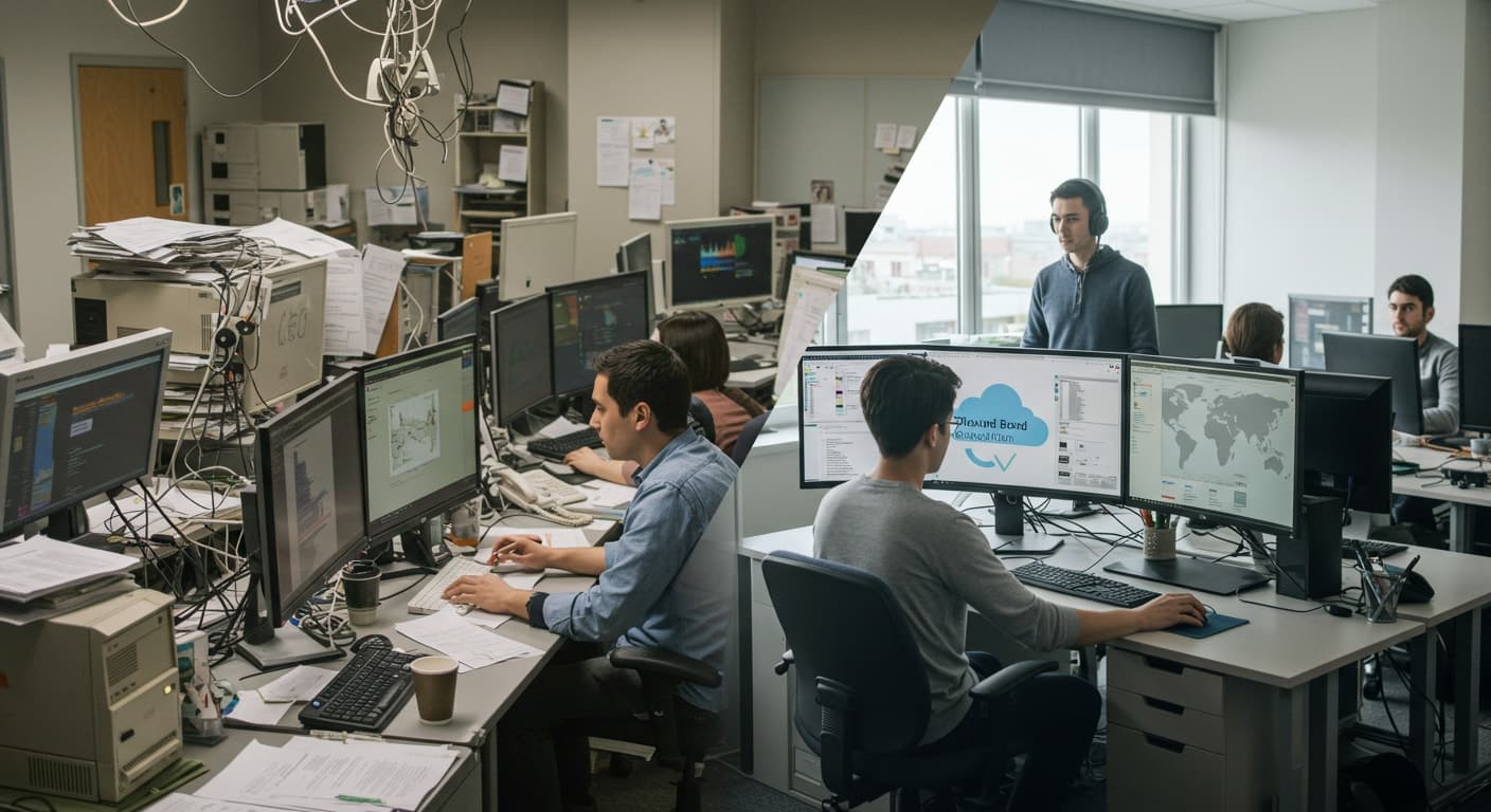 Side-by-side comparison of legacy IT environment and modern cloud-based setup, illustrating the transition to setting up VDI for streamlined operations.