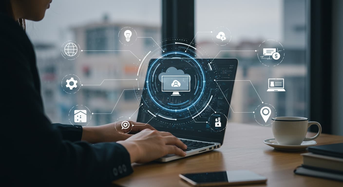 Professional using laptop illustrating DaaS architecture with cloud computing and connectivity icons