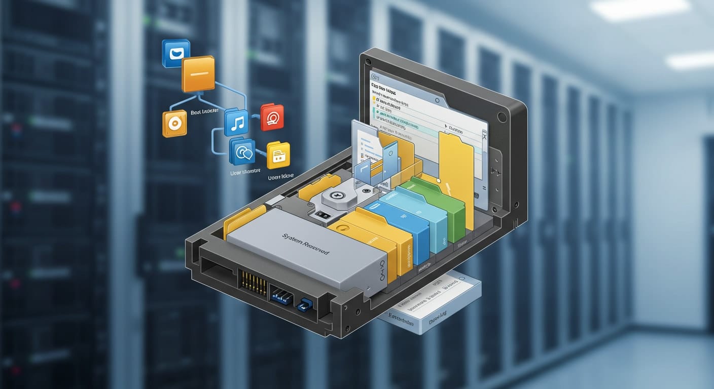 Layered diagram of a VDI file showing partitions, installed programs, and boot volume inside a virtual machine.