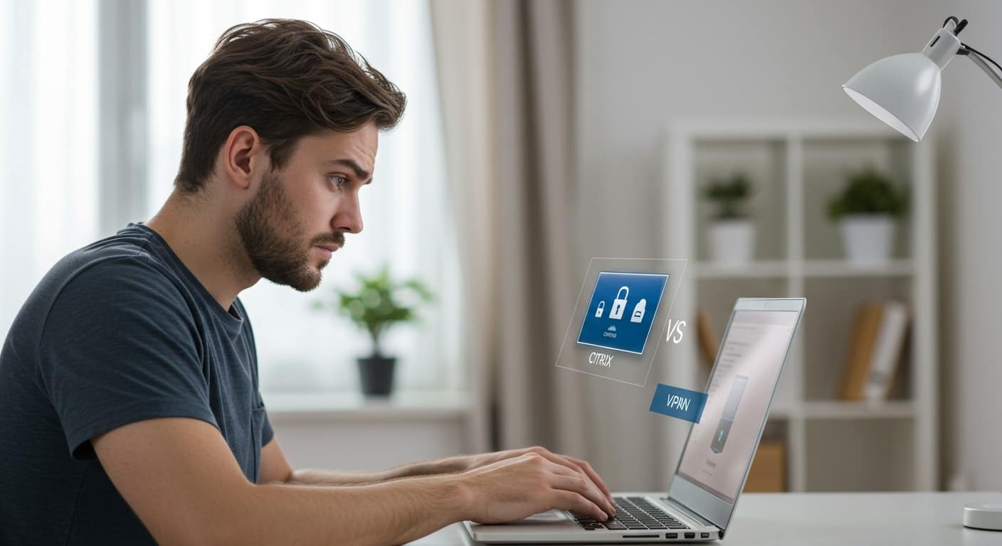 Man comparing Citrix vs VPN remote access options on a laptop, visualizing the decision between secure virtual desktops and traditional VPN tunnels.