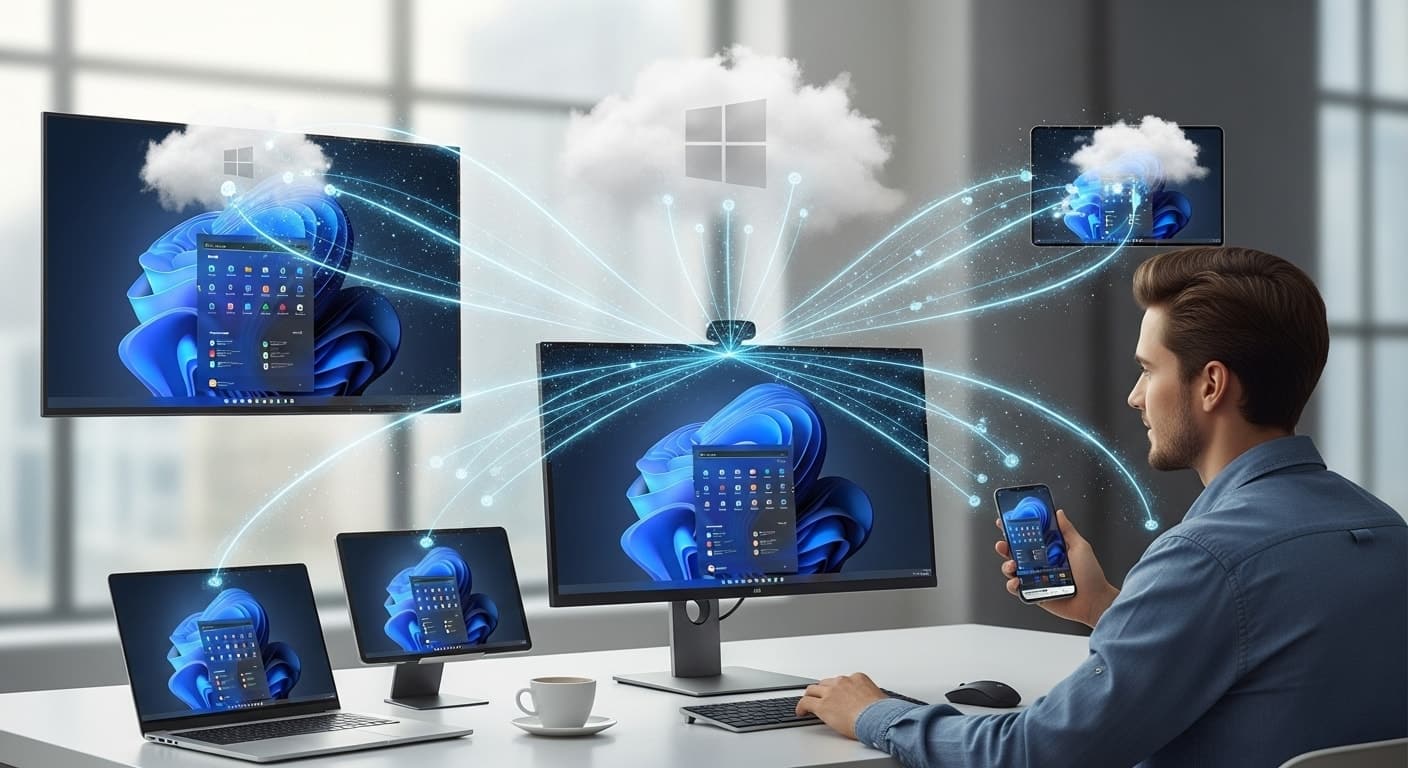 Professional using multiple devices connected to a Windows 365 Cloud PC, demonstrating cloud-based access across desktop, laptop, and mobile