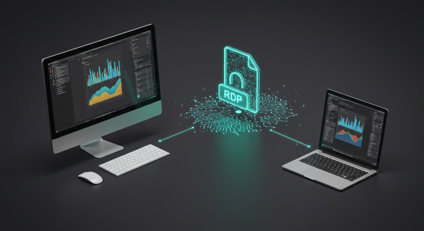 What is an RDP file visualized as a secure digital bridge enabling remote desktop access between two computers.