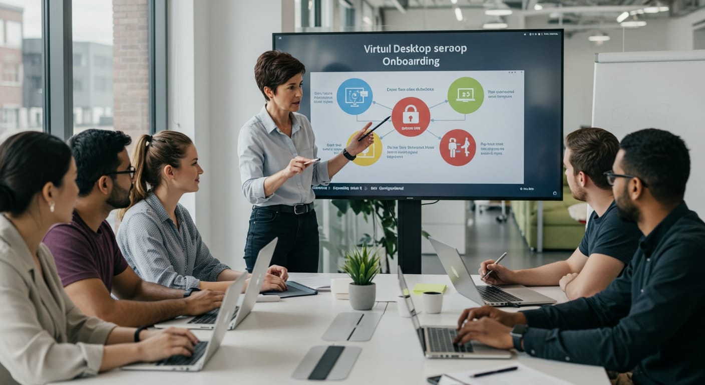Corporate training session focused on user onboarding and best practices for setting up VDI across teams and devices.