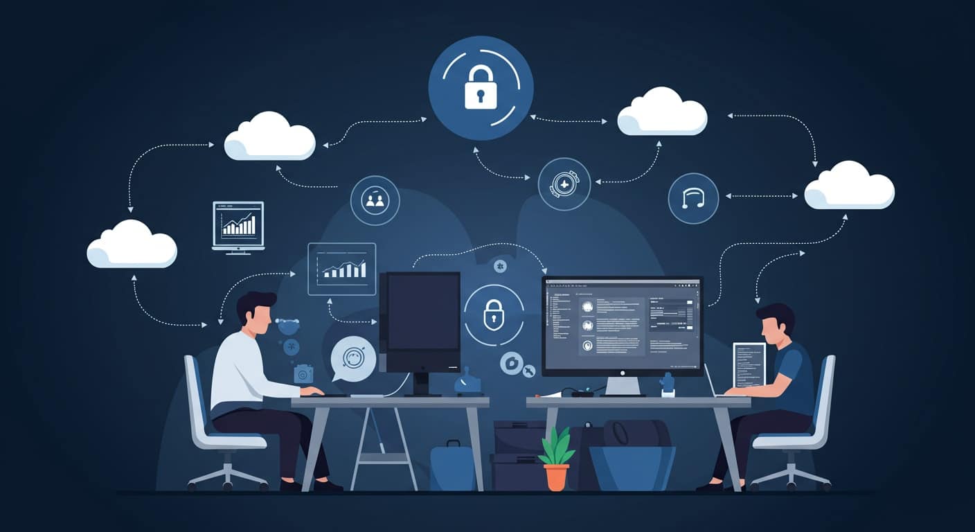 Illustration of professionals working securely with cloud-connected systems, emphasizing DaaS security practices