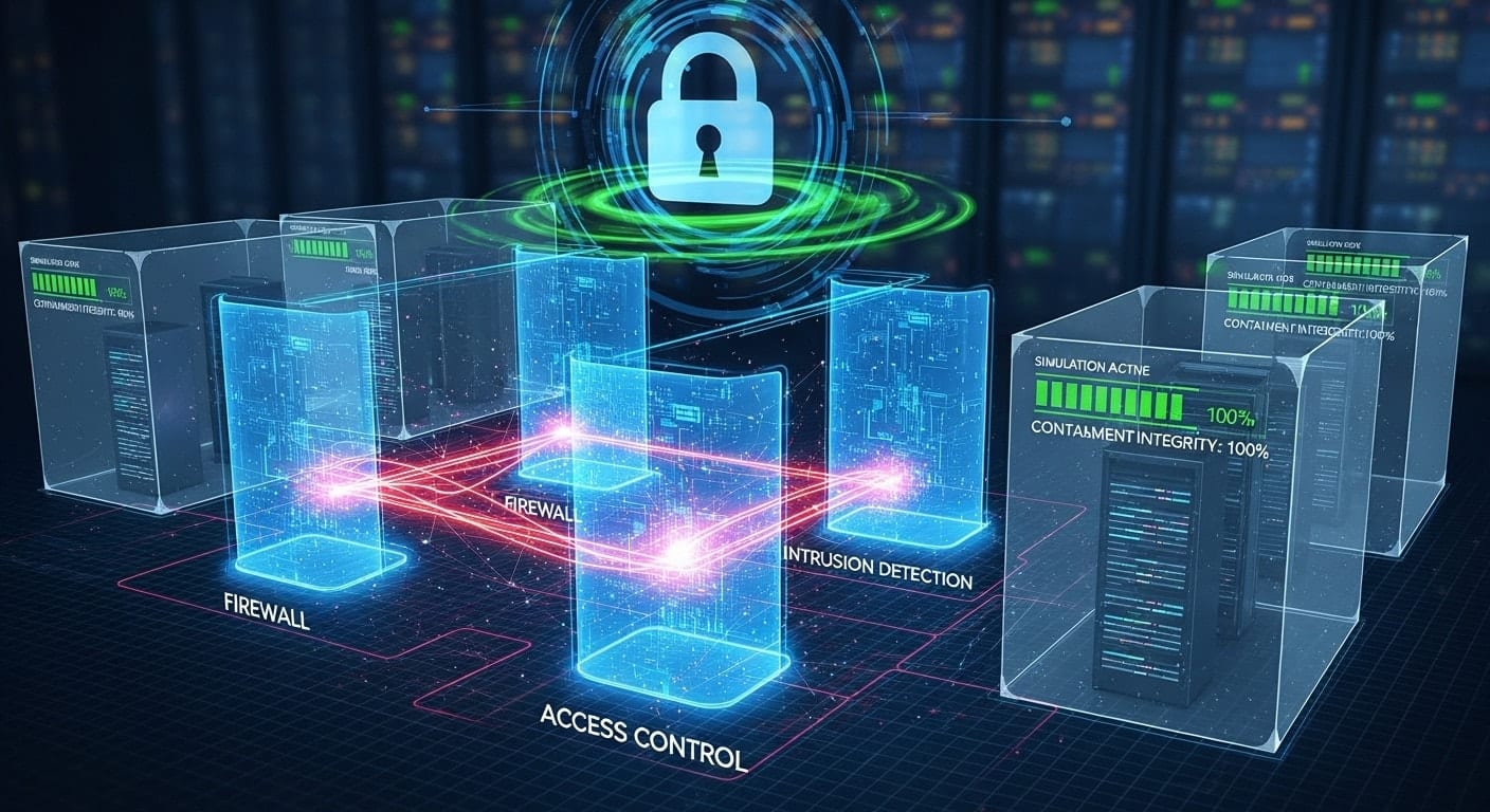 Diagram of a virtual cybersecurity lab showing firewalls, access control, and isolated simulation containers with active threat monitoring.