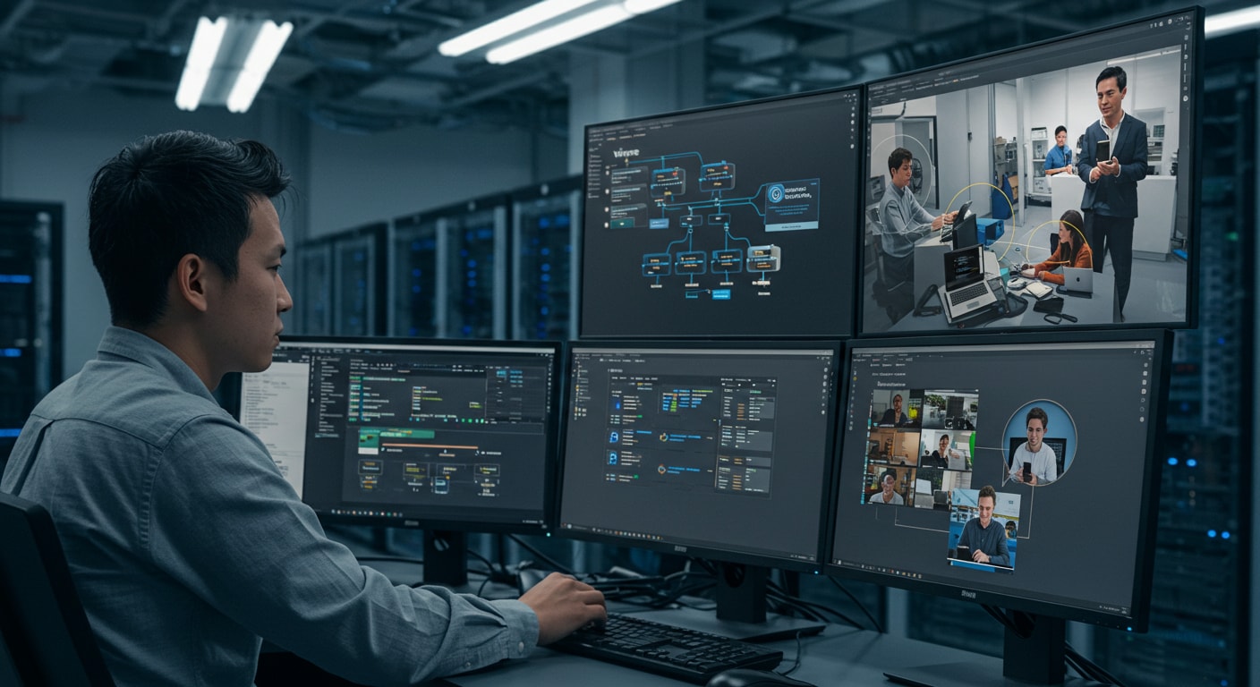 Administrator managing VMware Horizon deployment with multi-screen monitoring and remote team collaboration