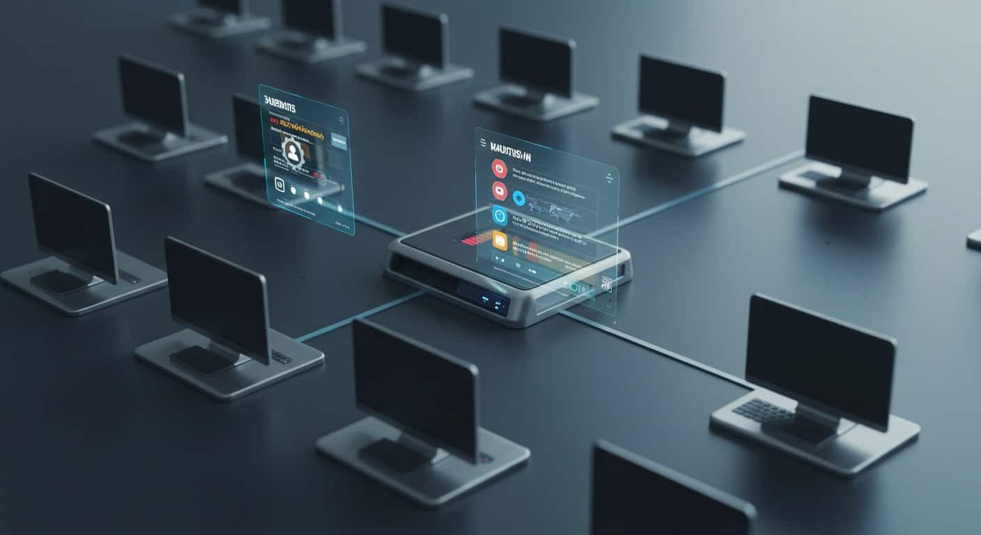 Network of computers connected through a centralized hub, illustrating virtual desktop infrastructure deployment.