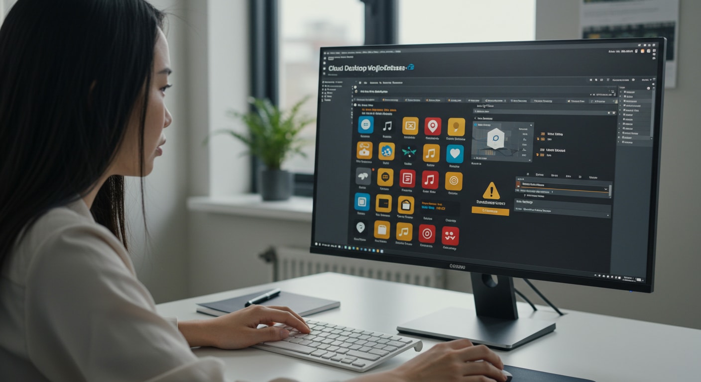 User accessing a cloud desktop interface with multiple apps and warning alerts, illustrating security issues with Amazon WorkSpaces VDI from the end-user perspective.