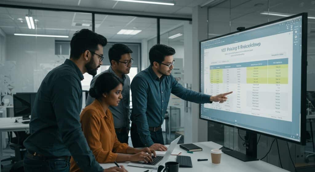 Team of professionals analyzing a large screen displaying a VDI as a Service pricing breakdown, collaborating to choose the best cloud desktop solution.