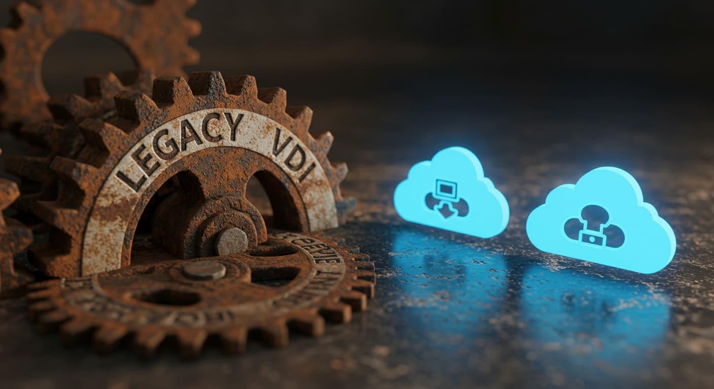 Visual metaphor comparing legacy VDI systems to modern VMware Horizon alternatives using simplified cloud-based desktops.