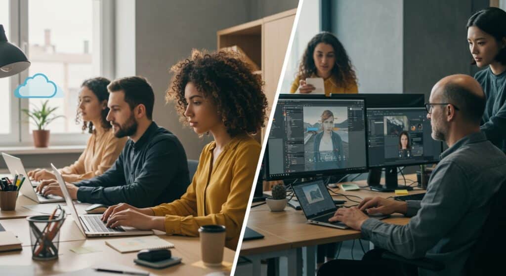 Comparison of teams using SaaS apps for productivity and DaaS environments for creative workflows, illustrating real-world DaaS vs SaaS use cases.