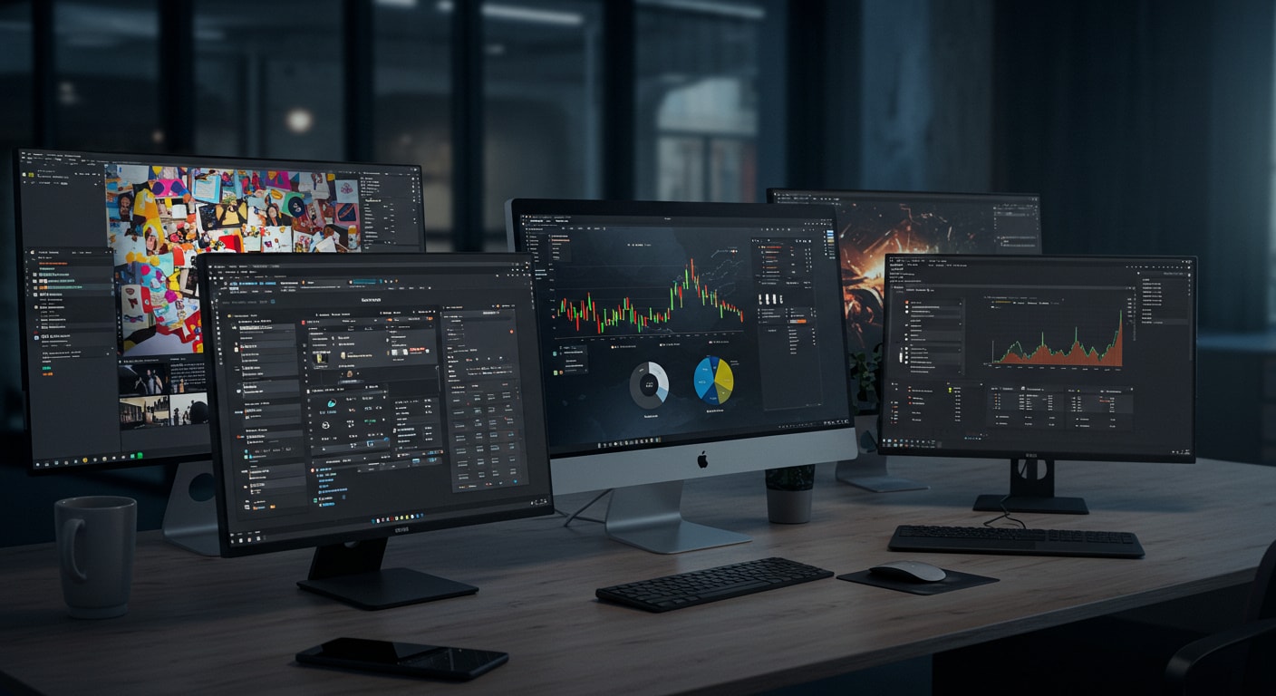 Multiple monitors displaying virtual desktops and analytics dashboards, showing what is Citrix VDA and how it manages user sessions and personalization.