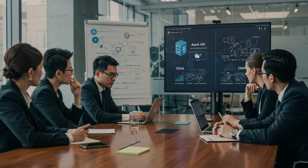 "Business team comparing Azure VDI vs Citrix features during a strategy meeting with cloud architecture diagrams.