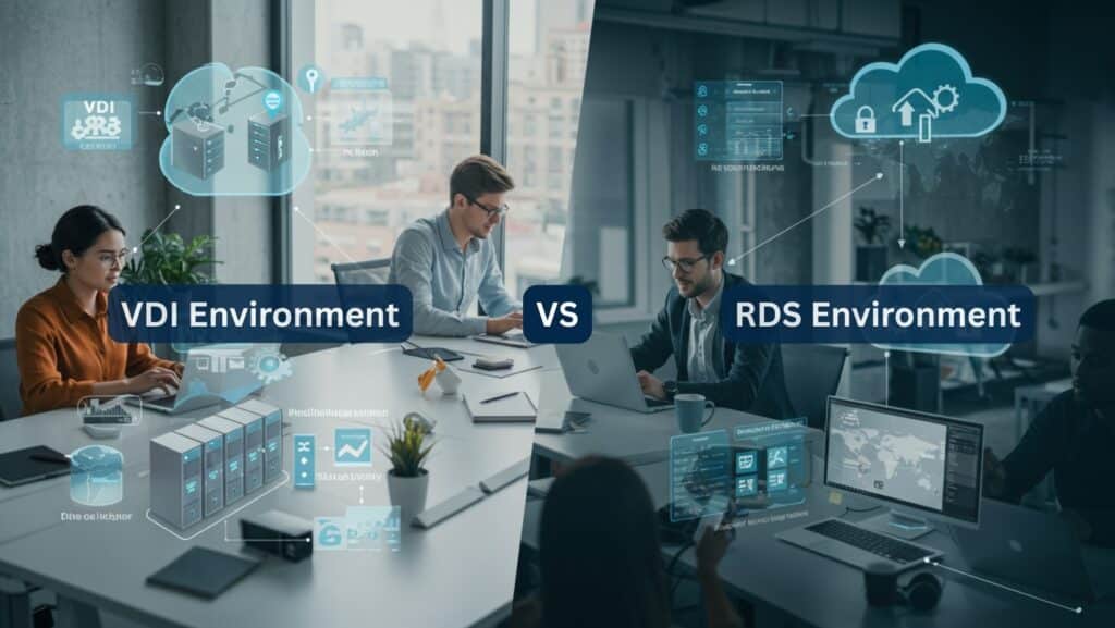 Comparison of VDI vs RDS environments illustrating virtual desktop infrastructure and remote desktop services in an office setting
