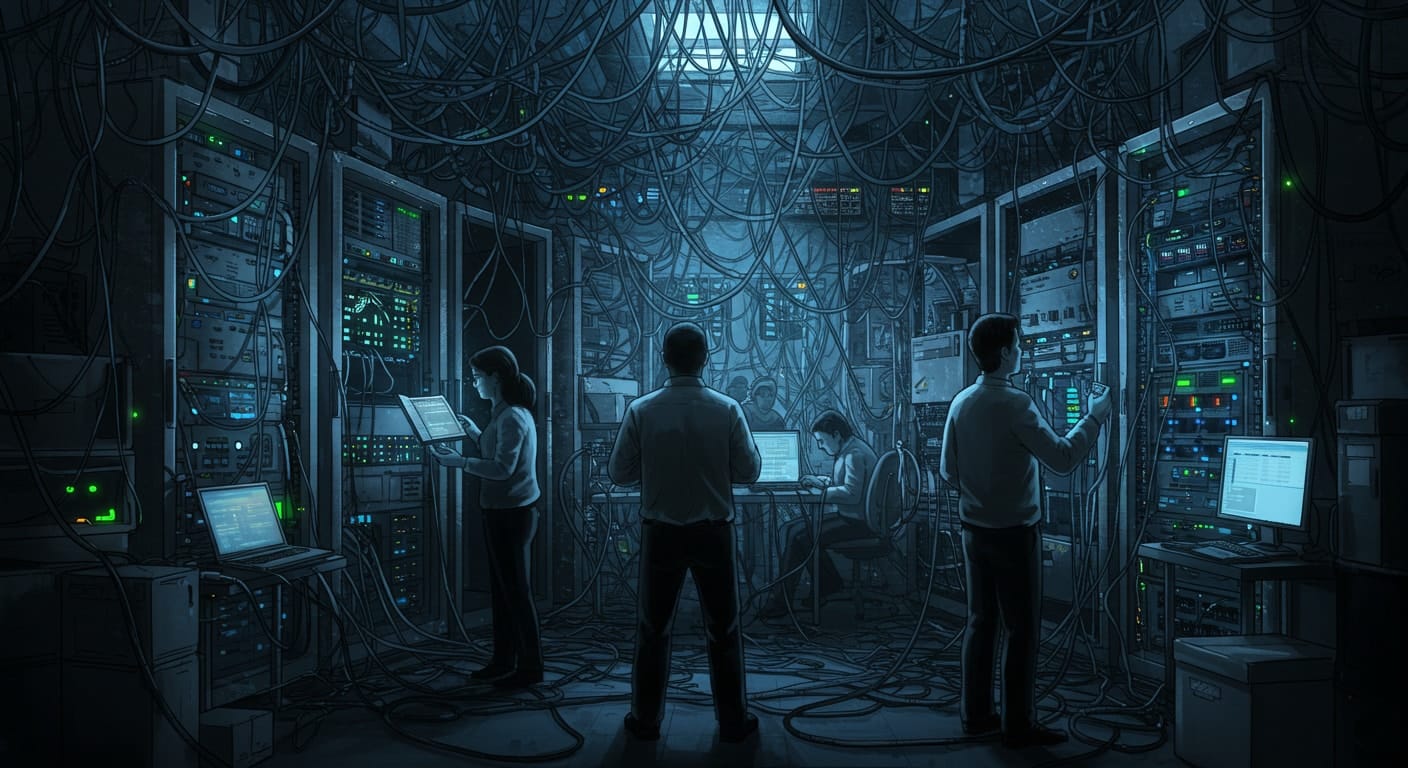 IT professionals managing complex on-premises servers, symbolizing the infrastructure challenges of Citrix desktop virtualization