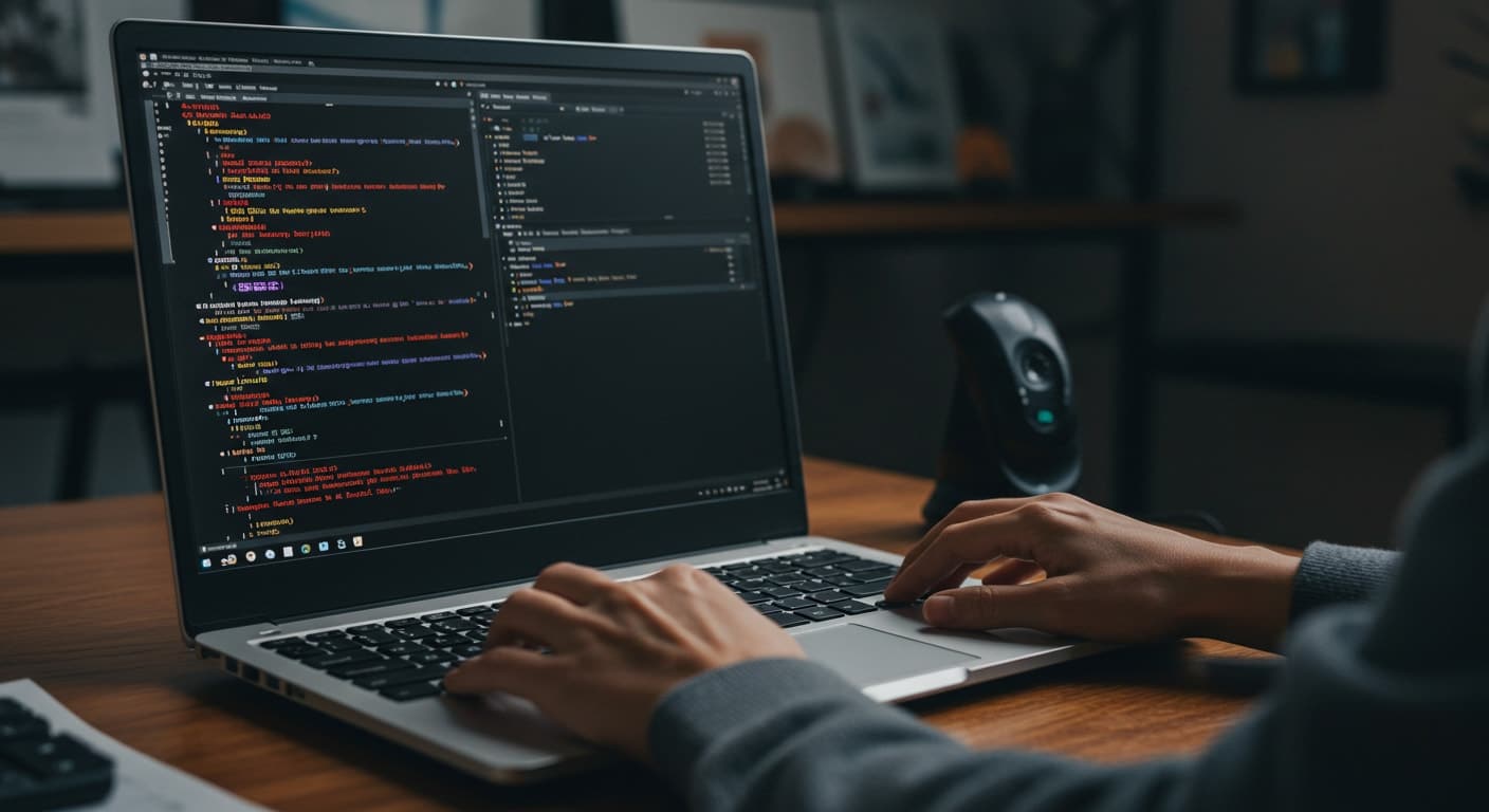 User writing Linux-compatible code on a Windows laptop, demonstrating how to run Linux on Windows for development tasks.