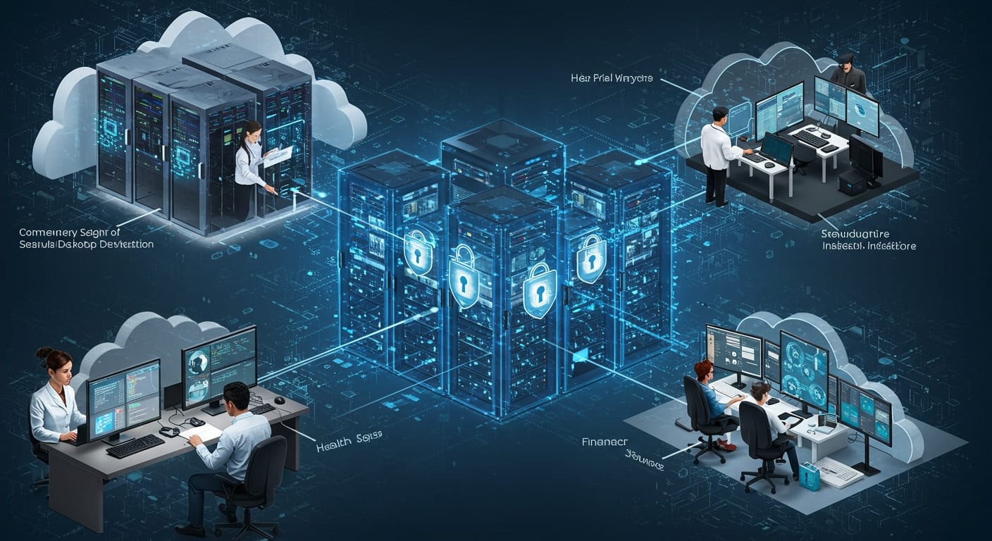 VDI vs VM visual showing secure cloud desktops and virtual machines powering different industry workstations.