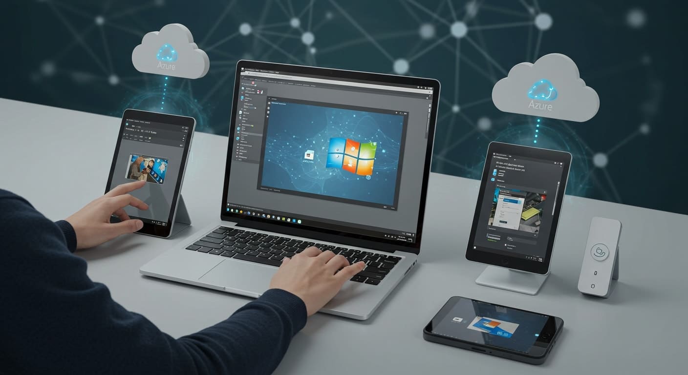User accessing Azure Virtual Desktop on laptop, tablet, and mobile devices through the Microsoft cloud