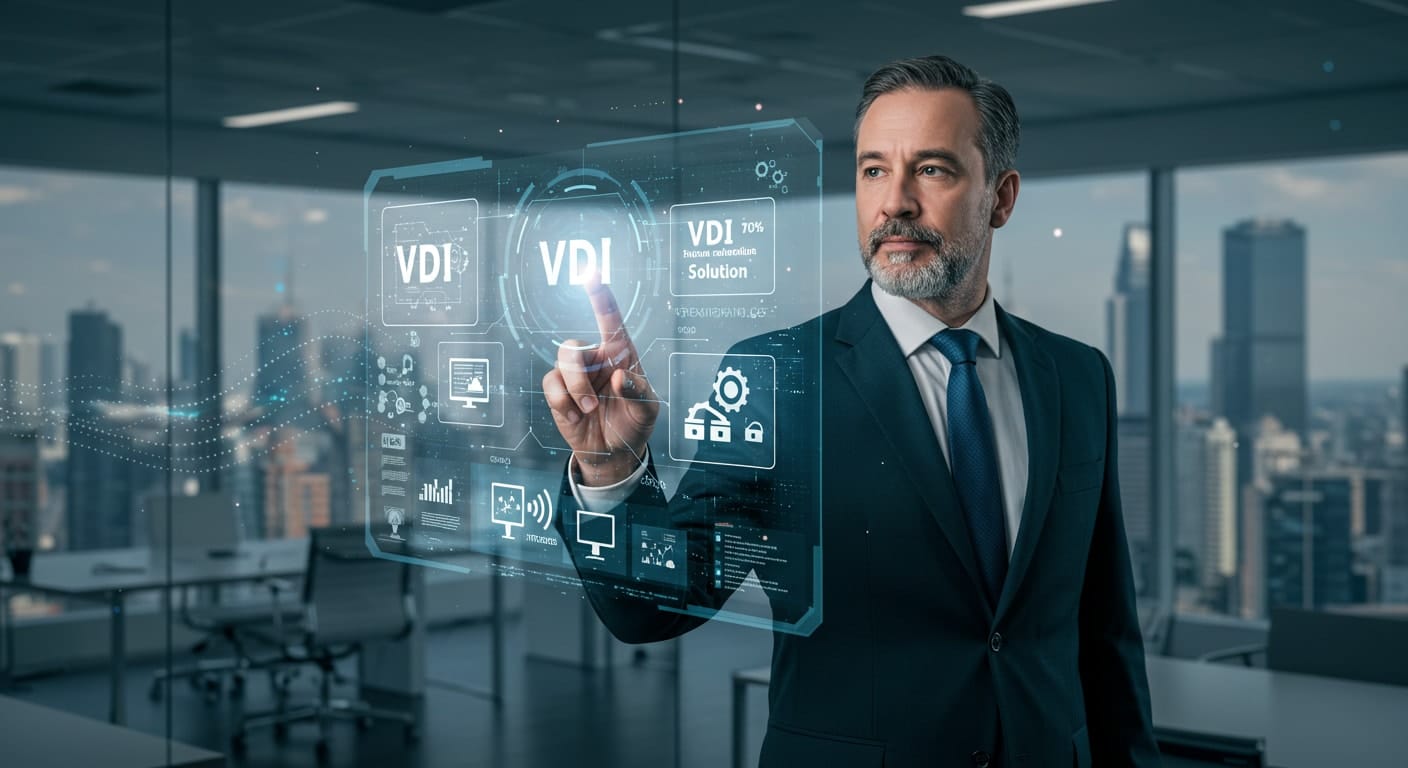 Business professional interacting with a holographic display illustrating various types of VDI solutions.