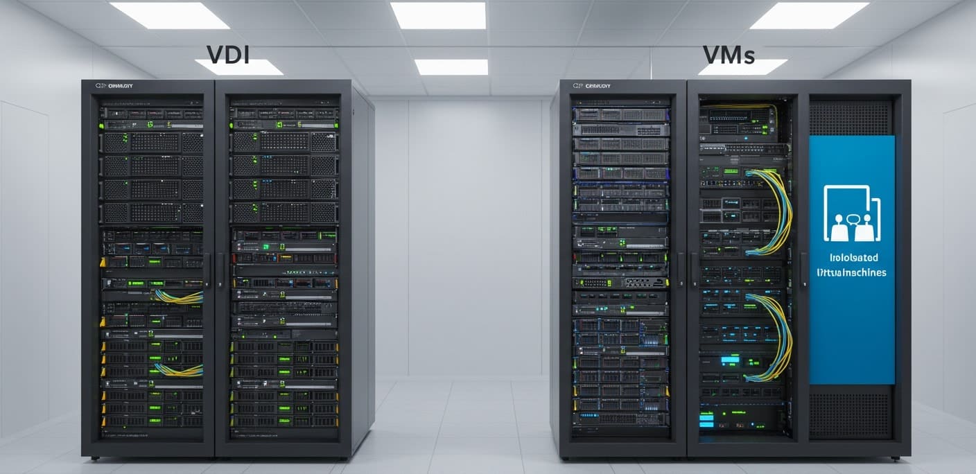Data center setup displaying hardware separation between VDI infrastructure and VM environments.