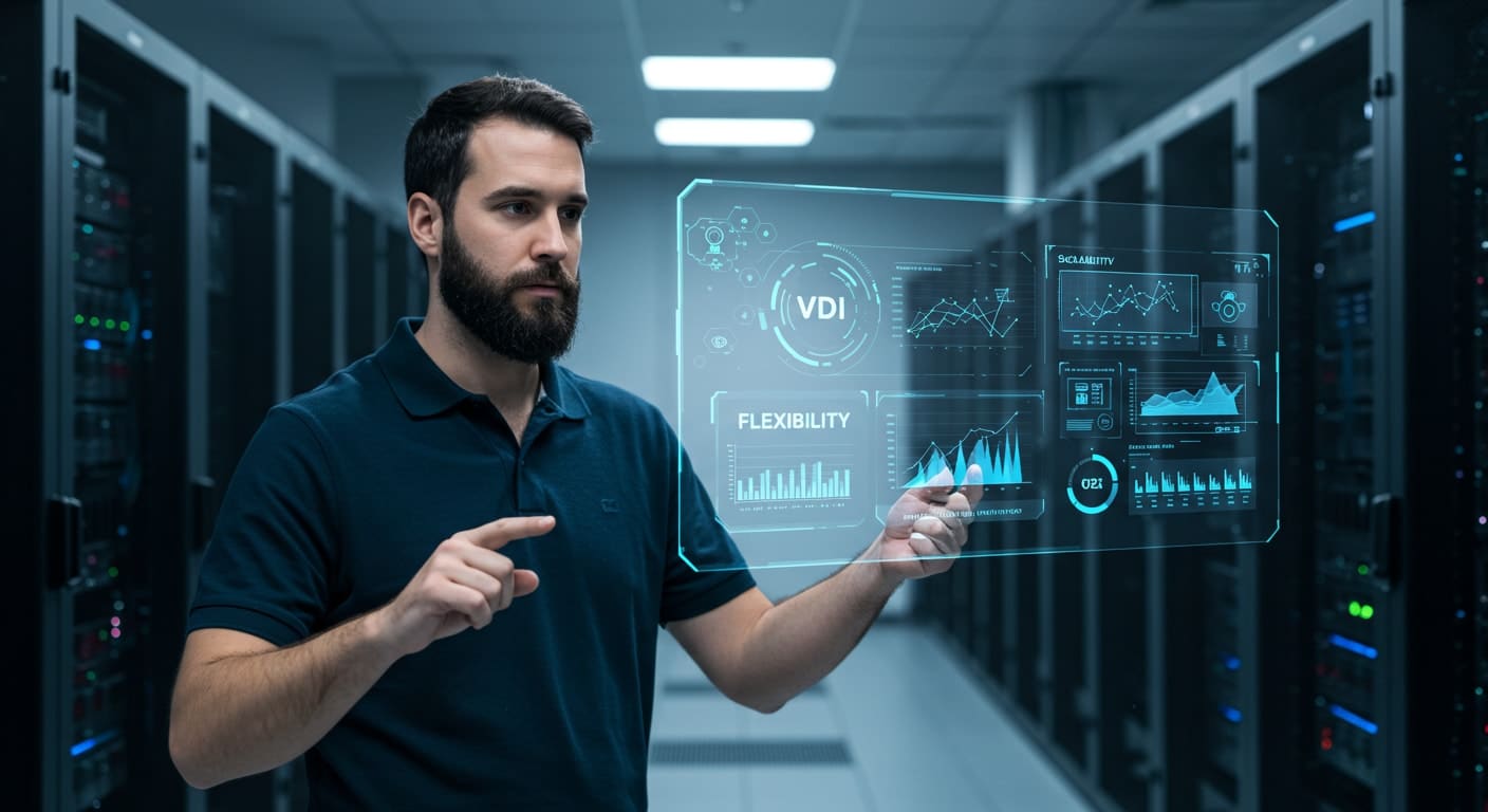 IT professional reviewing VDI as a Service pricing flexibility and scalability on a holographic data interface in a server environment.