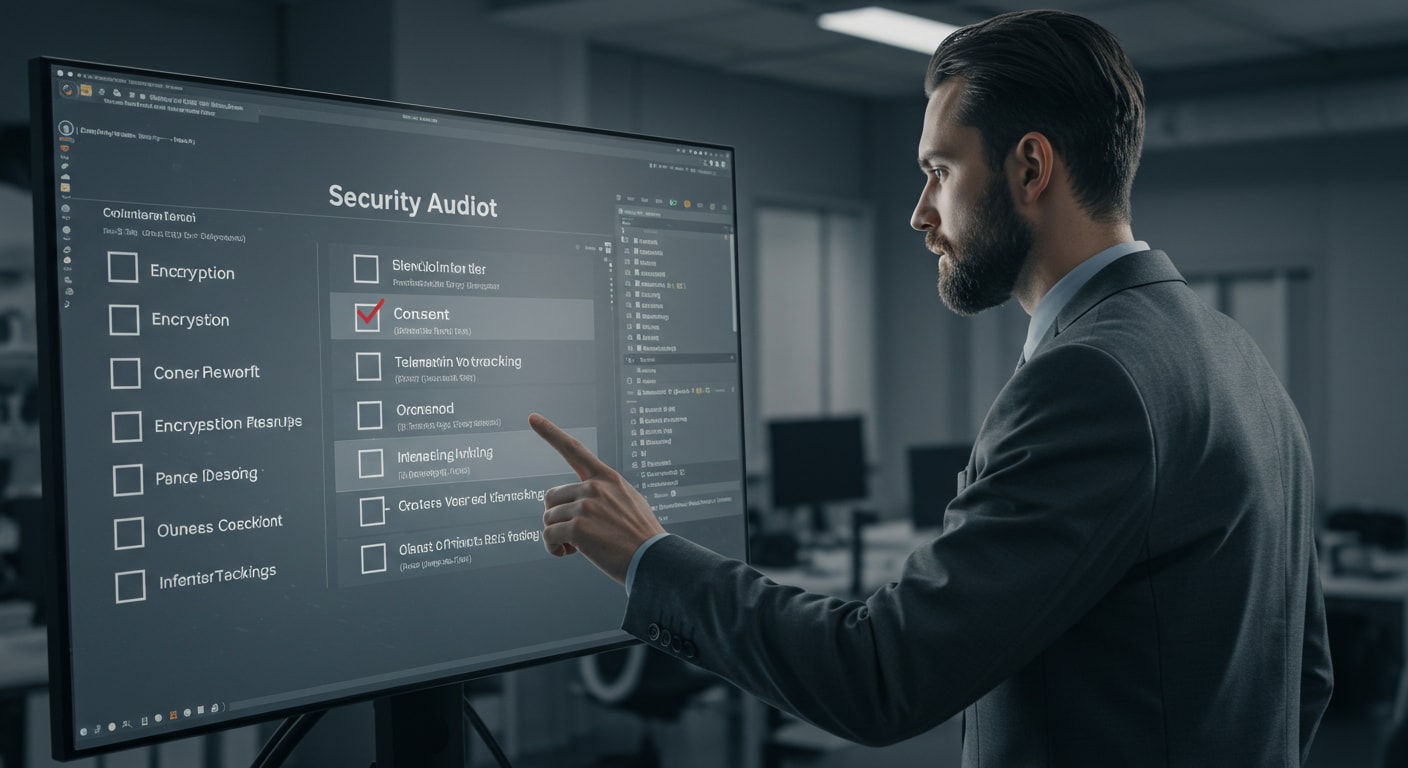 Security auditor examining a digital checklist for Amazon WorkSpaces VDI, focusing on consent, encryption, and tracking—addressing key security issues in enterprise deployments.