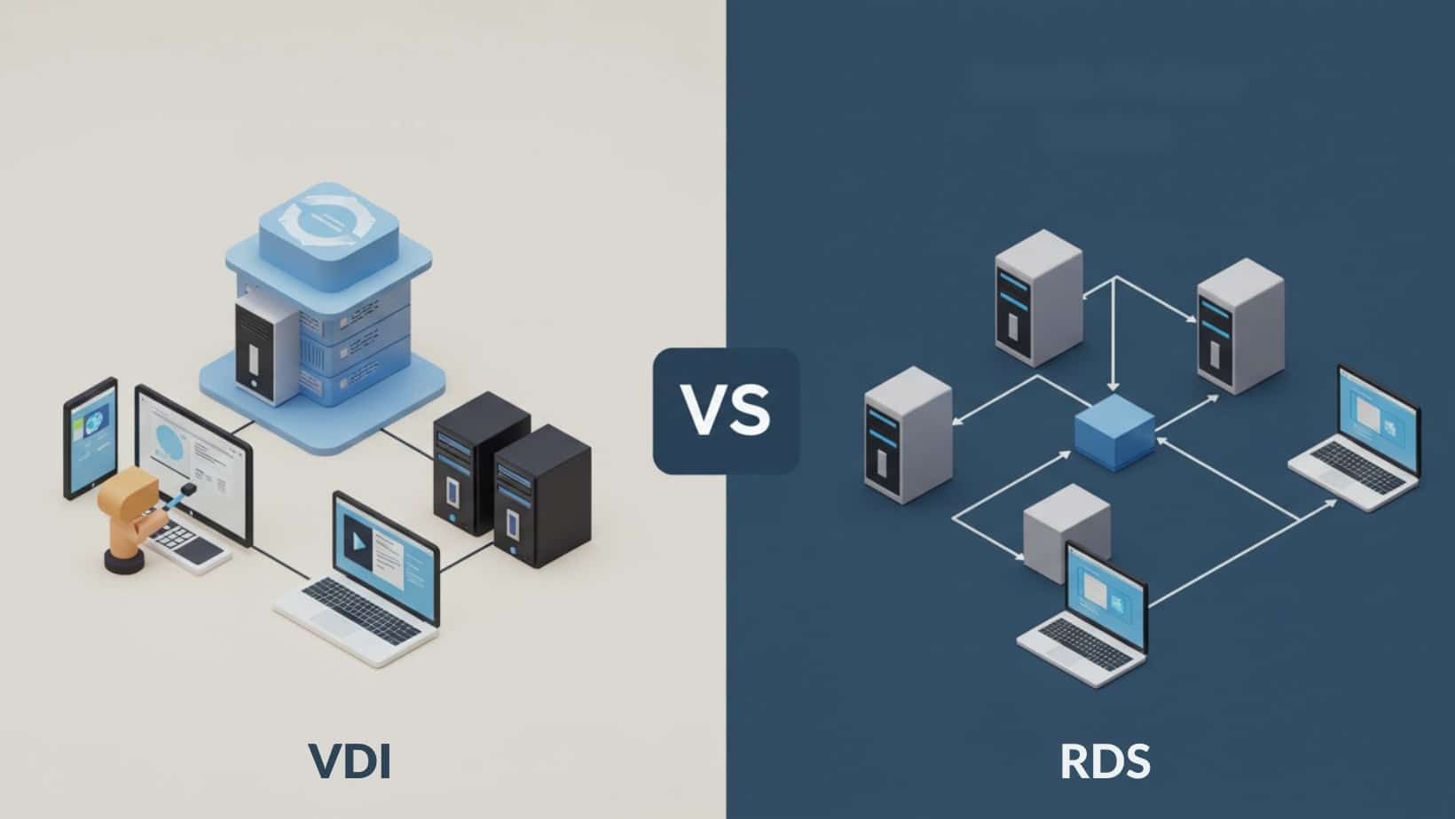 3D representation showcasing dedicated virtual desktop infrastructure resources compared to centralized remote desktop services
