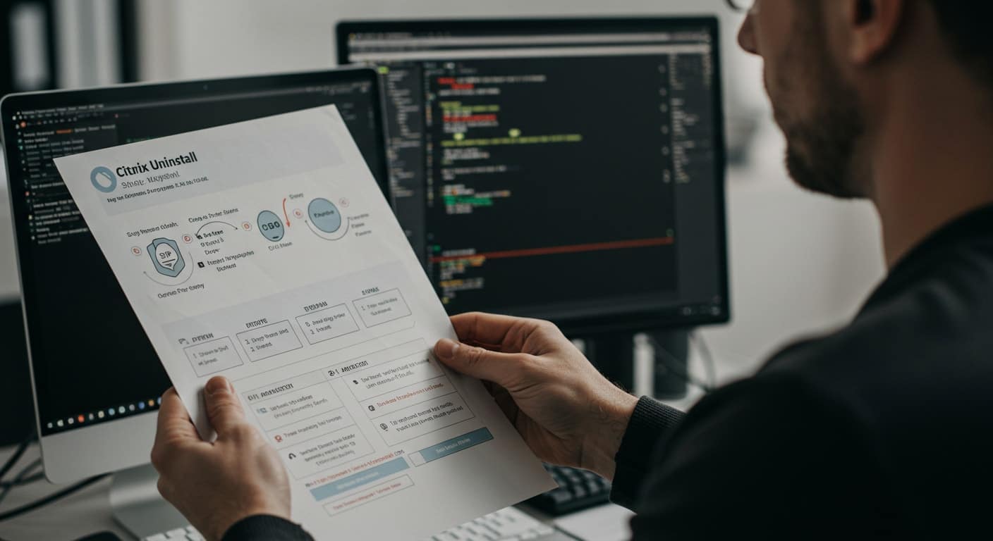 Developer reviewing Citrix uninstall guide in front of dual-monitor Windows workstation