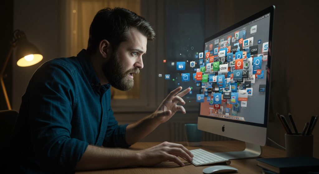 Frustrated Mac user facing cluttered screen while learning how to uninstall Citrix on Mac.