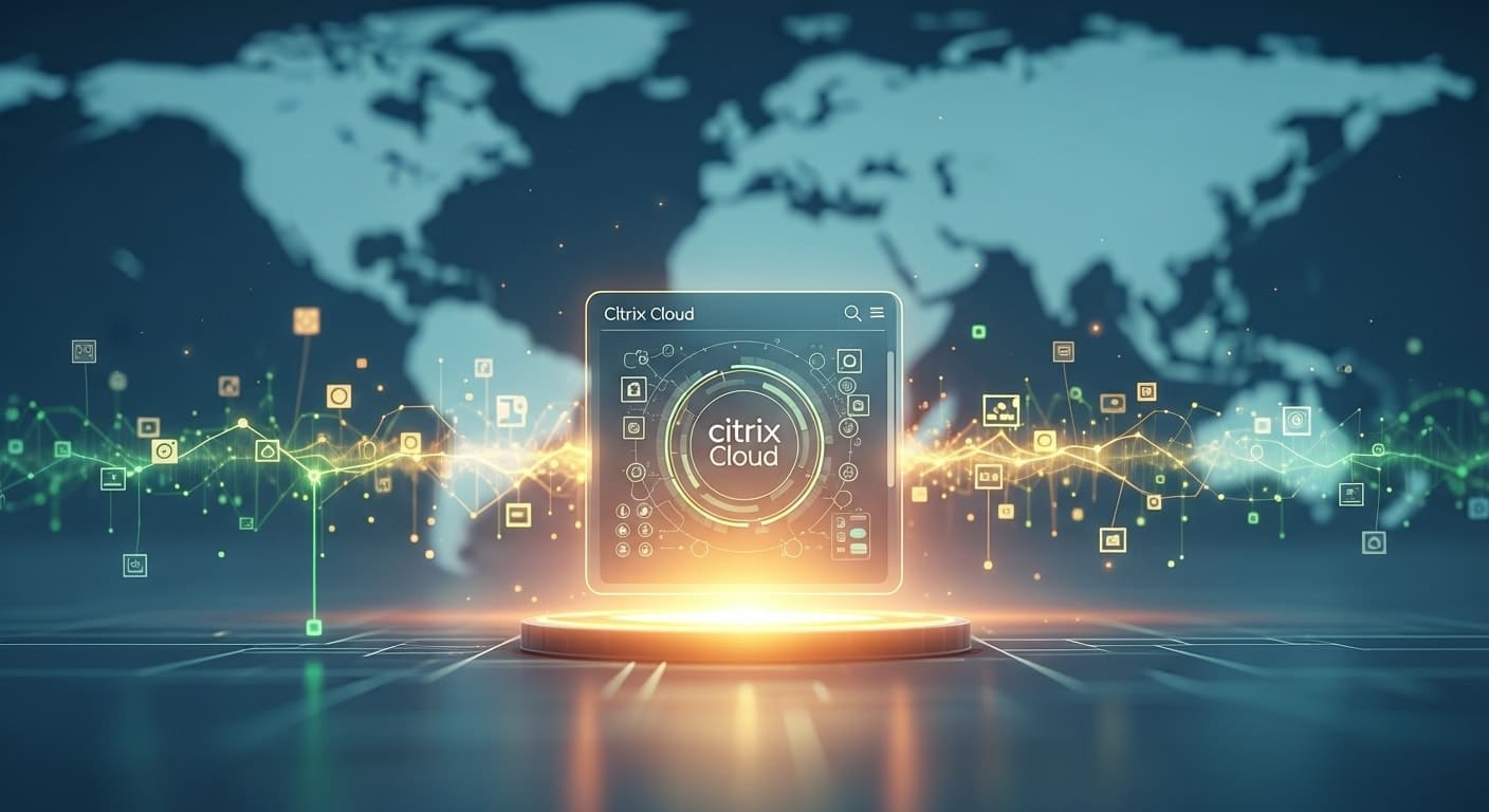 Digital visualization of Citrix Cloud platform representing global cloud-based VDI architecture and virtualization network