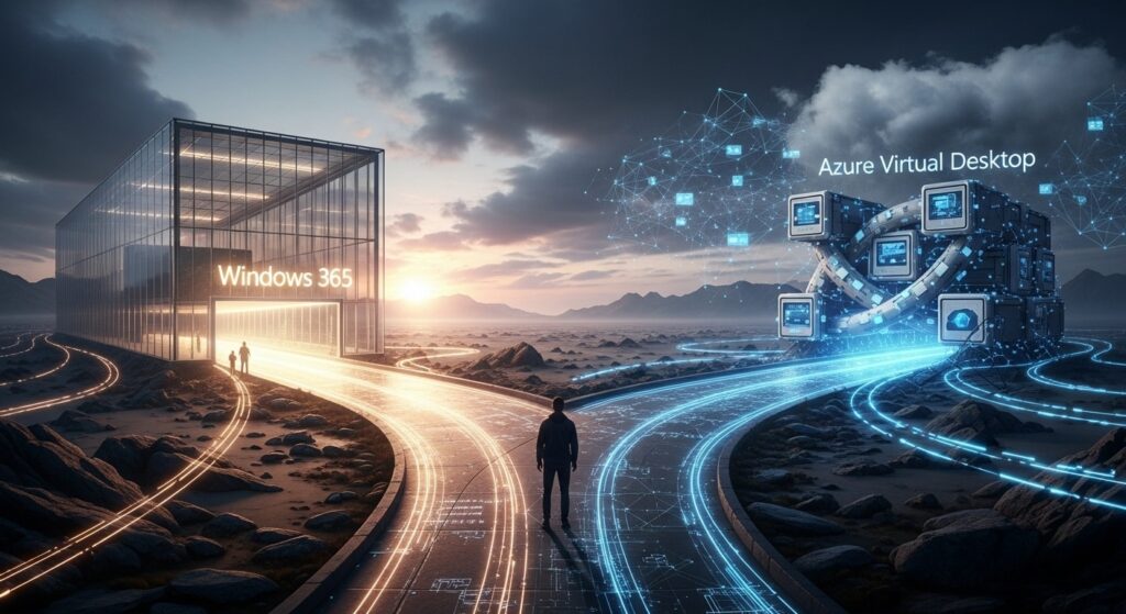 Visual comparison of Windows 365 and Azure Virtual Desktop showing two distinct cloud computing paths symbolizing user choice.