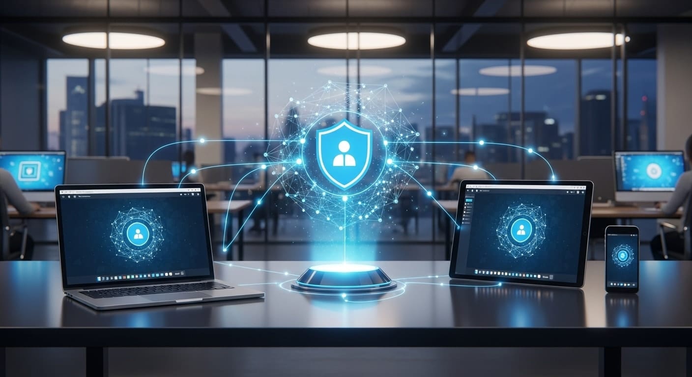 Secure cloud workspace illustration showing connected devices protected by a digital shield, representing what is Citrix Enterprise Browser and its role in secure web access.
