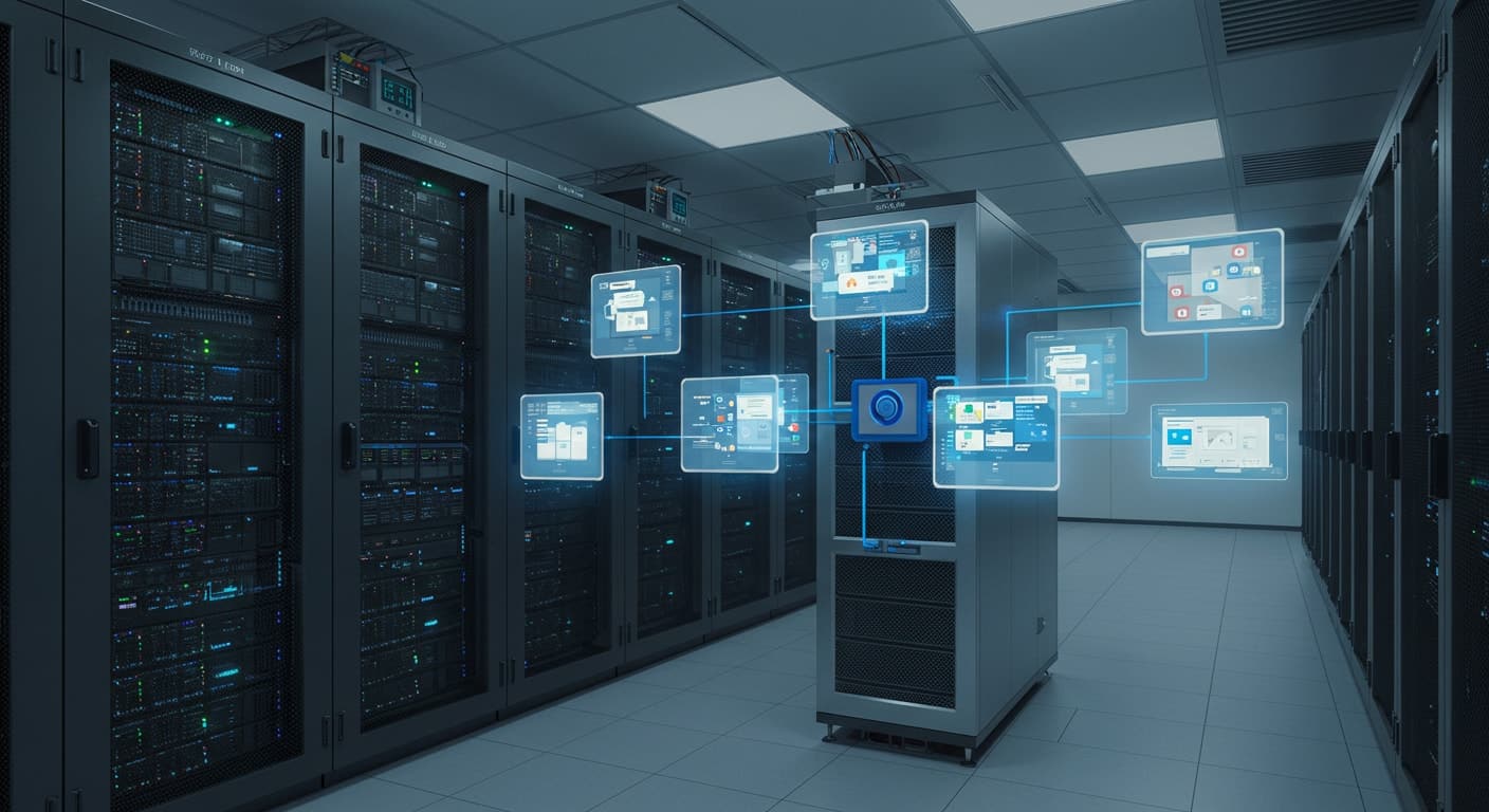 Centralized data center hosting multiple virtual desktops through Citrix VDI, illustrating virtualization infrastructure.