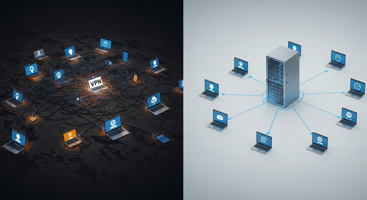 A comparison showing chaotic VPN connections versus streamlined VDI server-client architecture.