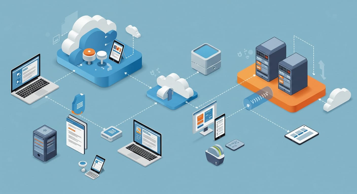 Conceptual cloud computing illustration highlighting key components, showcasing connectivity and resource sharing